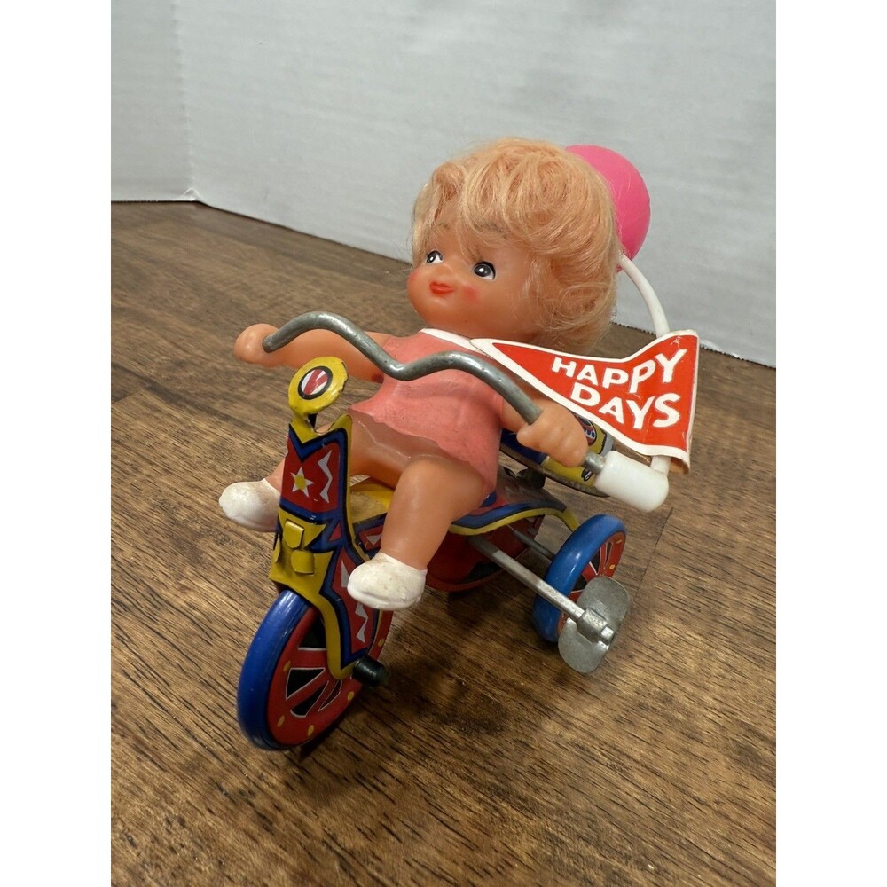 Vintage Happy Days Mechanical Tin Wind up Toy, Girl on Tricycle Pink Balloon